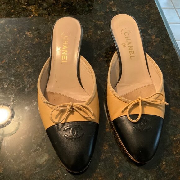 CHANEL Shoes - Chanel Black Leather Beige CC Logo Tap Mules Kitten Heels